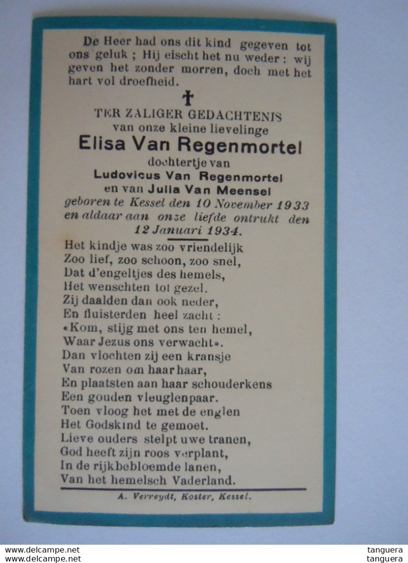 Doodsprentje Elisa Van Regenmortel Kessel 1933-1934 Baby Kindje Van Ludovicus En Julia Van Meensel - Andachtsbilder