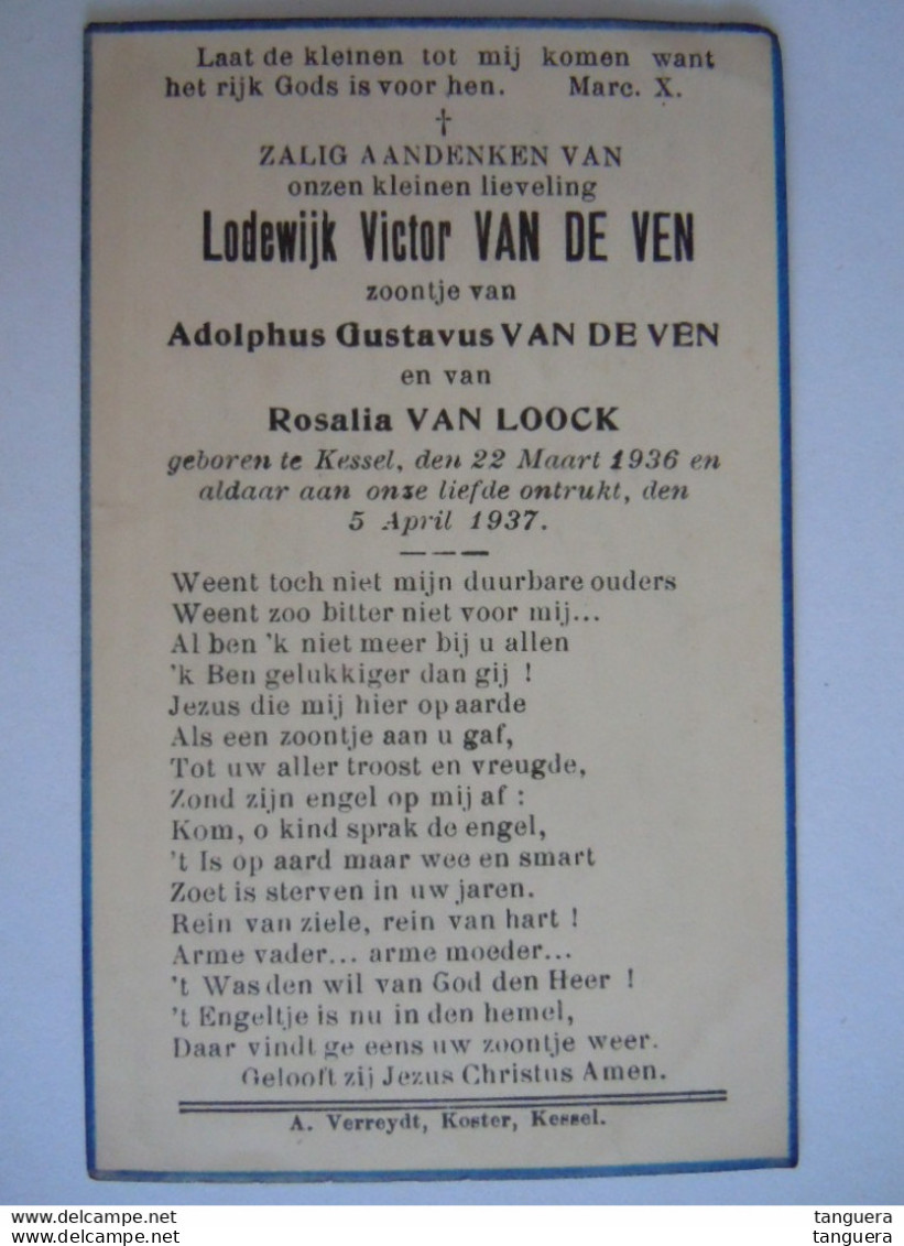 Doodsprentje Lodewijk Victor Van De Ven Kessel 1936-1937 Baby Kindje Van Adolphus Gustavus En Rosalia Van Loock - Andachtsbilder