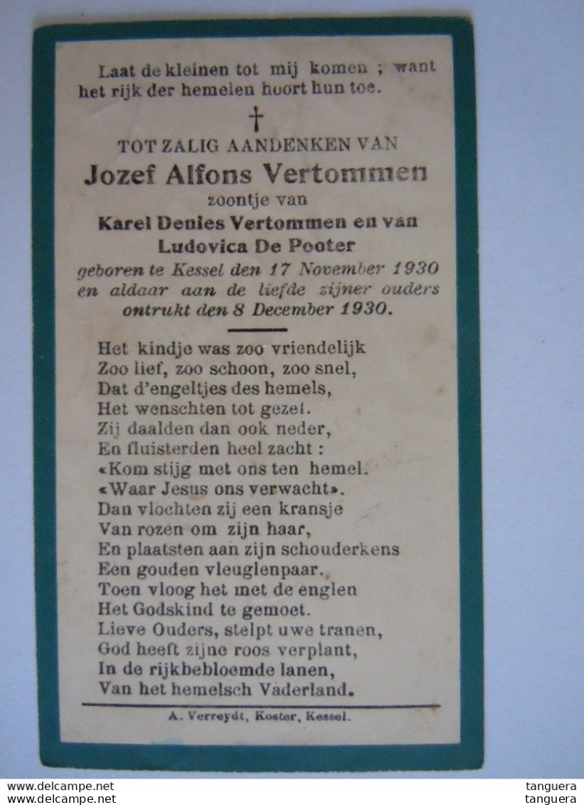 Doodsprentje Jozef Alfons Vertommen Kessel 1930 Baby Kindje Van Karel Denies En Ludovica De Pooter - Andachtsbilder