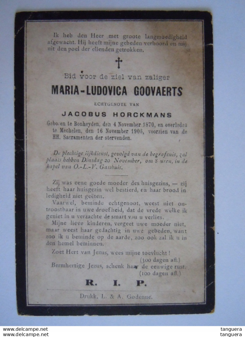 Doodsprentje Maria-Ludovica Goovaerts Bonheyden 1870 Mechelen 1906 Echt. Jacobus Horckmans Beetje Beschadigd - Devotion Images