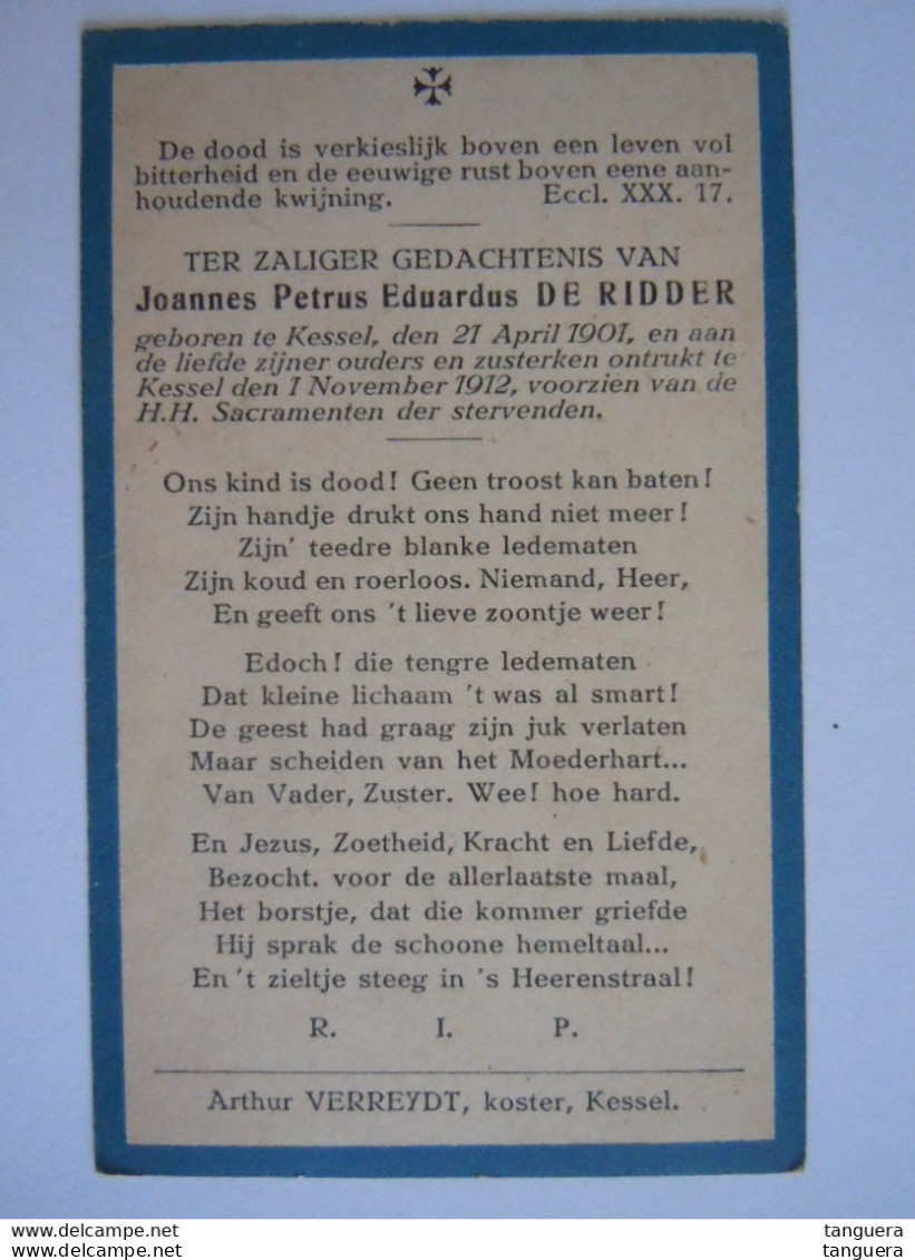 Doodsprentje Joannes Petrus Eduardus De Ridder Kessel 1901-1912 Kind - Devotion Images