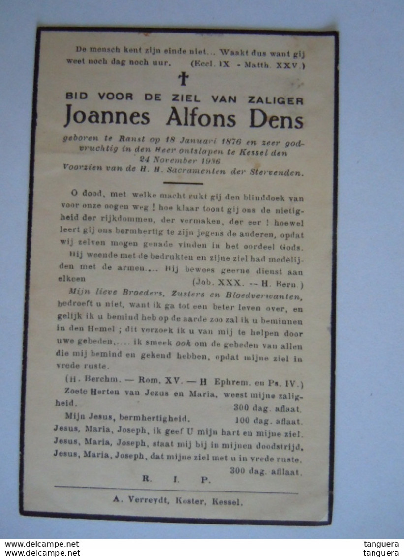 Doodsprentje Joannes Alfons Dens Ranst 1876 Kessel 1936 - Andachtsbilder