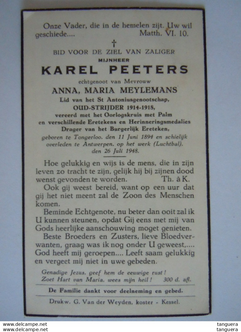 Doodsprentje Karel Peeters Oud-strijder 1914-1918 °Tongerloo 1894 + Op Het Werk (lLuchtbal) Antwerpen 1948 - Devotieprenten