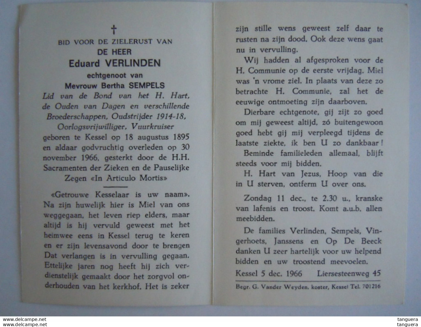 Doodsprentje Eduard Verlinden Oud-strijder 1914-1918 Vuurkruiser Kessel 1895 1966 Echtg. Bertha Sempels - Imágenes Religiosas