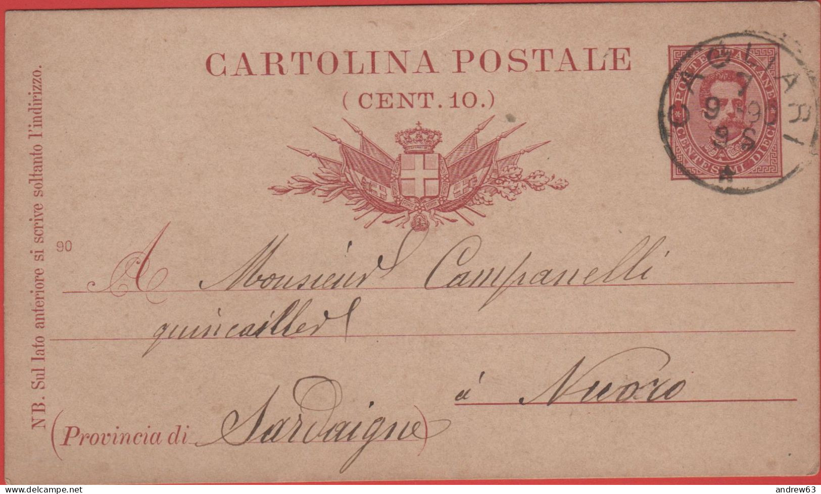 ITALIA - Storia Postale Regno - 1890 - 10c - Cartolina Italiana - Intero Postale - Viaggiata Da Cagliari Per Nuoro - Postwaardestukken