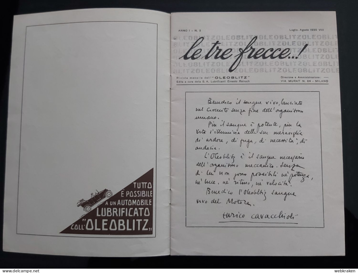 RIVISTA LE TRE FRECCE PUBBLICITà OLEOBLIZ 1930 DEDICA CAVACCHIOLI FUTURISTA FUTURISMO - Motoren