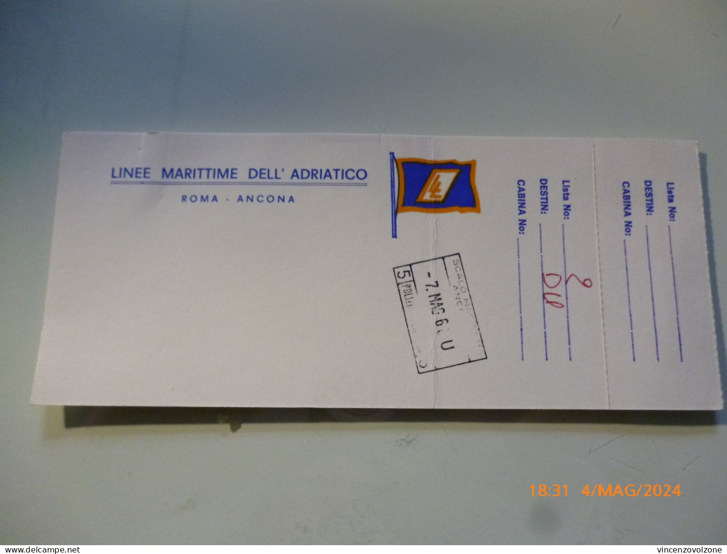 Carta Imbarco "LINEE MARITTIME DELL'ADRIATICO ROMA - ANCONA" 1968 - Europa