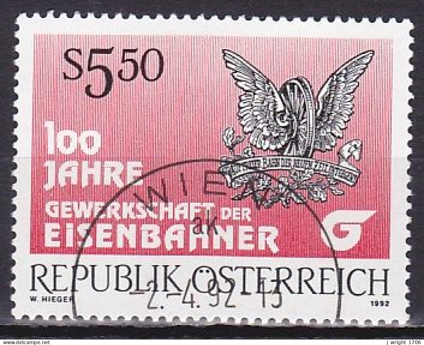 Austria, 1992, Railway Workers Union Centenary, 5.50s, CTO - Oblitérés