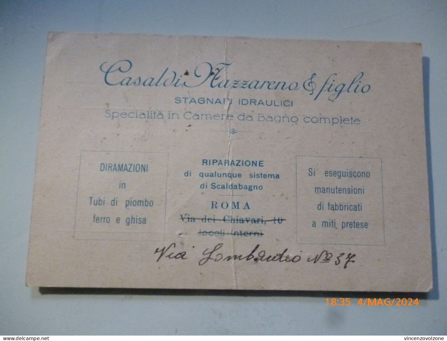 Cartoncino Ricevuta "CASALDI NAZZARENO & FIGLIO STAGNARI IDRAULICI ROMA" 1933 - Italy
