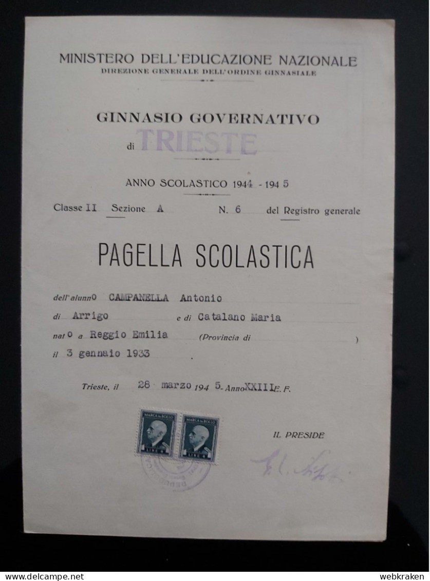 PAGELLA SCOLASTICA REPUBBLICA SOCIALE ITALIANA TRIESTE R.S.I. RSI 1945 - Diploma & School Reports