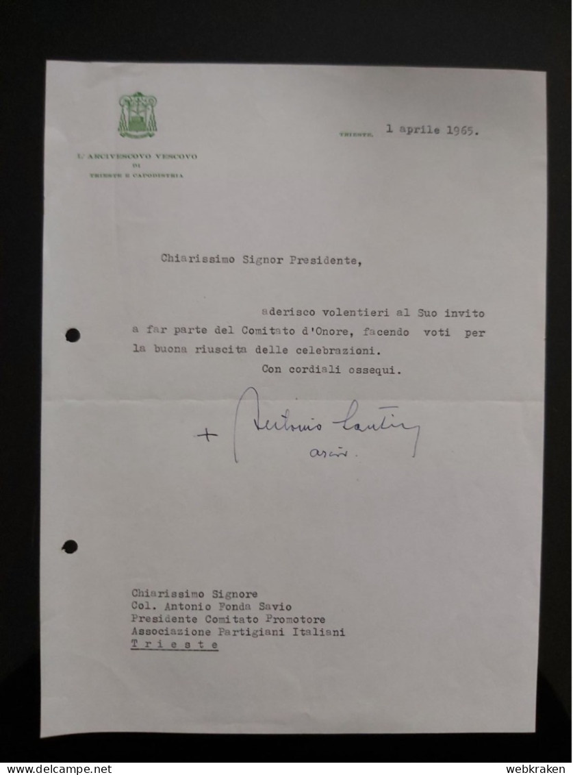 DOCUMENTO ARCIVESCOVO TRIESTE CAPODISTRIA FIRMATO VESCOVO ANTONIO SANTIN 1965 - Non Classés