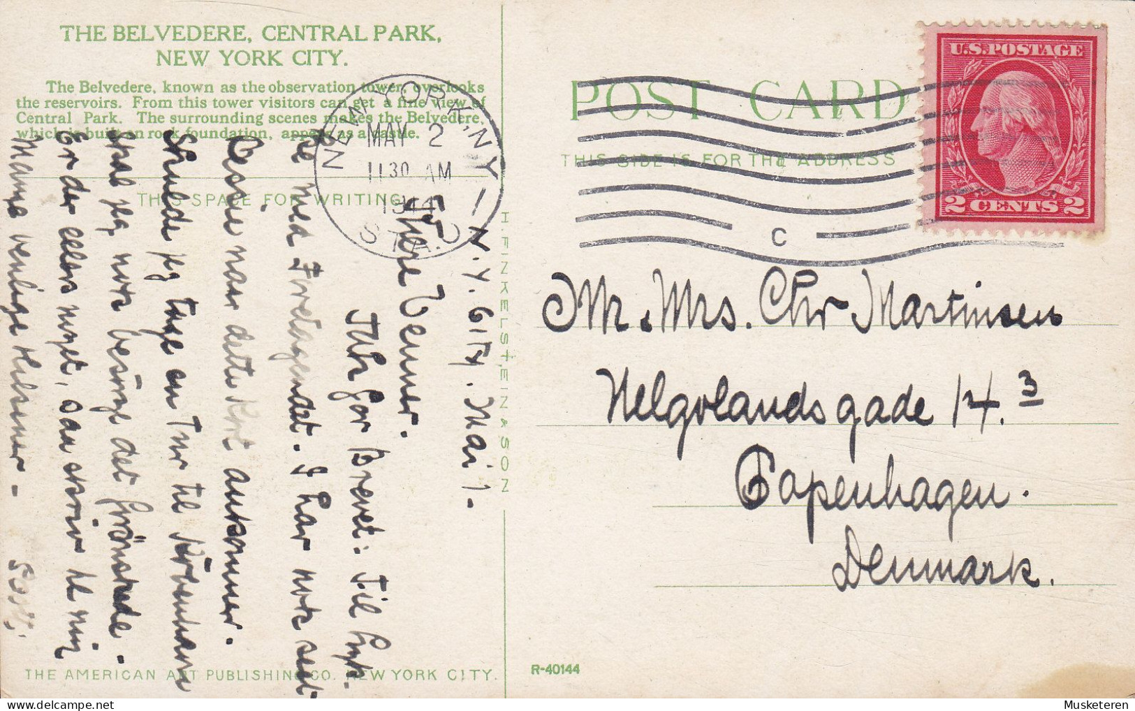 United States PPC The Belvedere, Central Park, New York City NEW YORK 1914 COPENHAGEN Denmark 3-Sided Perf. Stamp - Sonstige & Ohne Zuordnung
