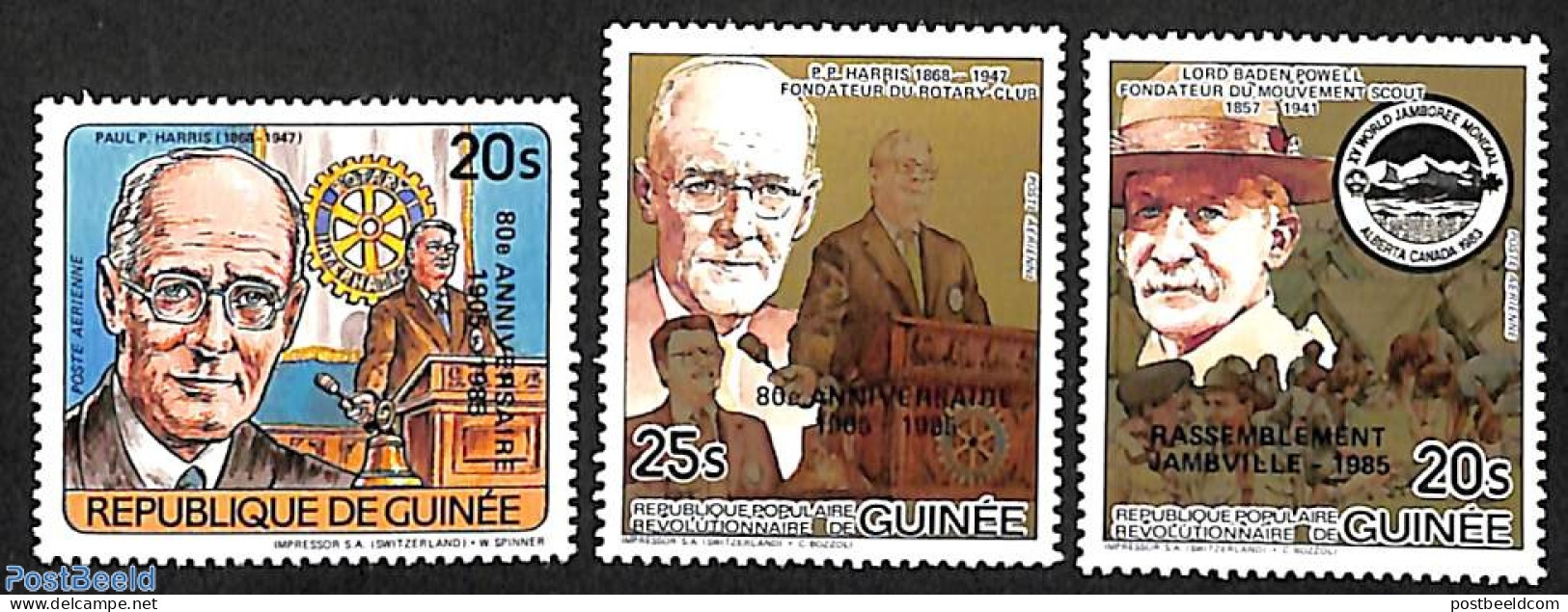 Guinea, Republic 1985 Rotary/scouting 3v Overprinted, Mint NH, Sport - Various - Scouting - Rotary - Rotary Club