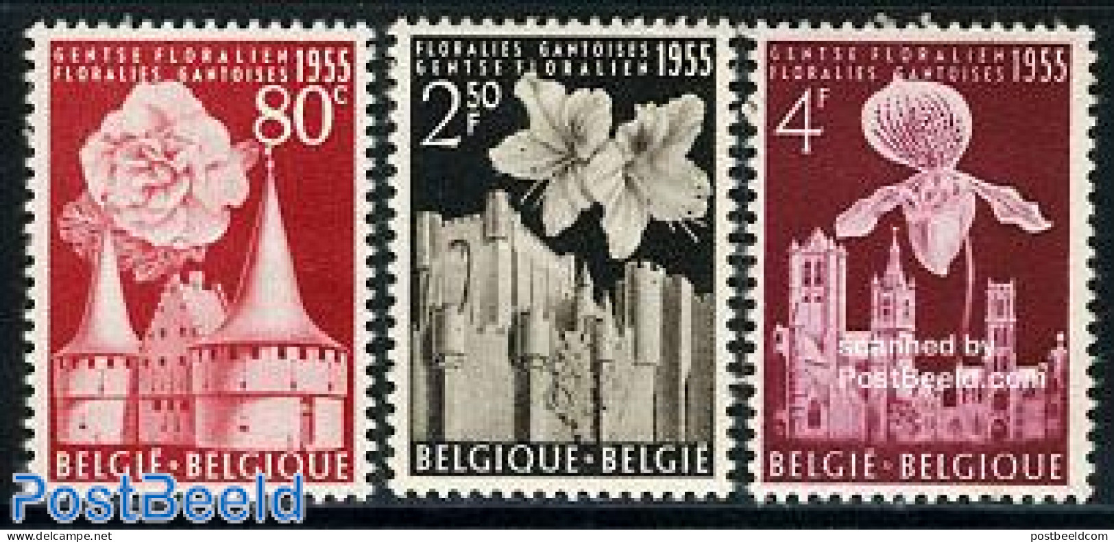 Belgium 1955 Flower Expo 3v, Mint NH, Nature - Religion - Flowers & Plants - Orchids - Churches, Temples, Mosques, Syn.. - Unused Stamps