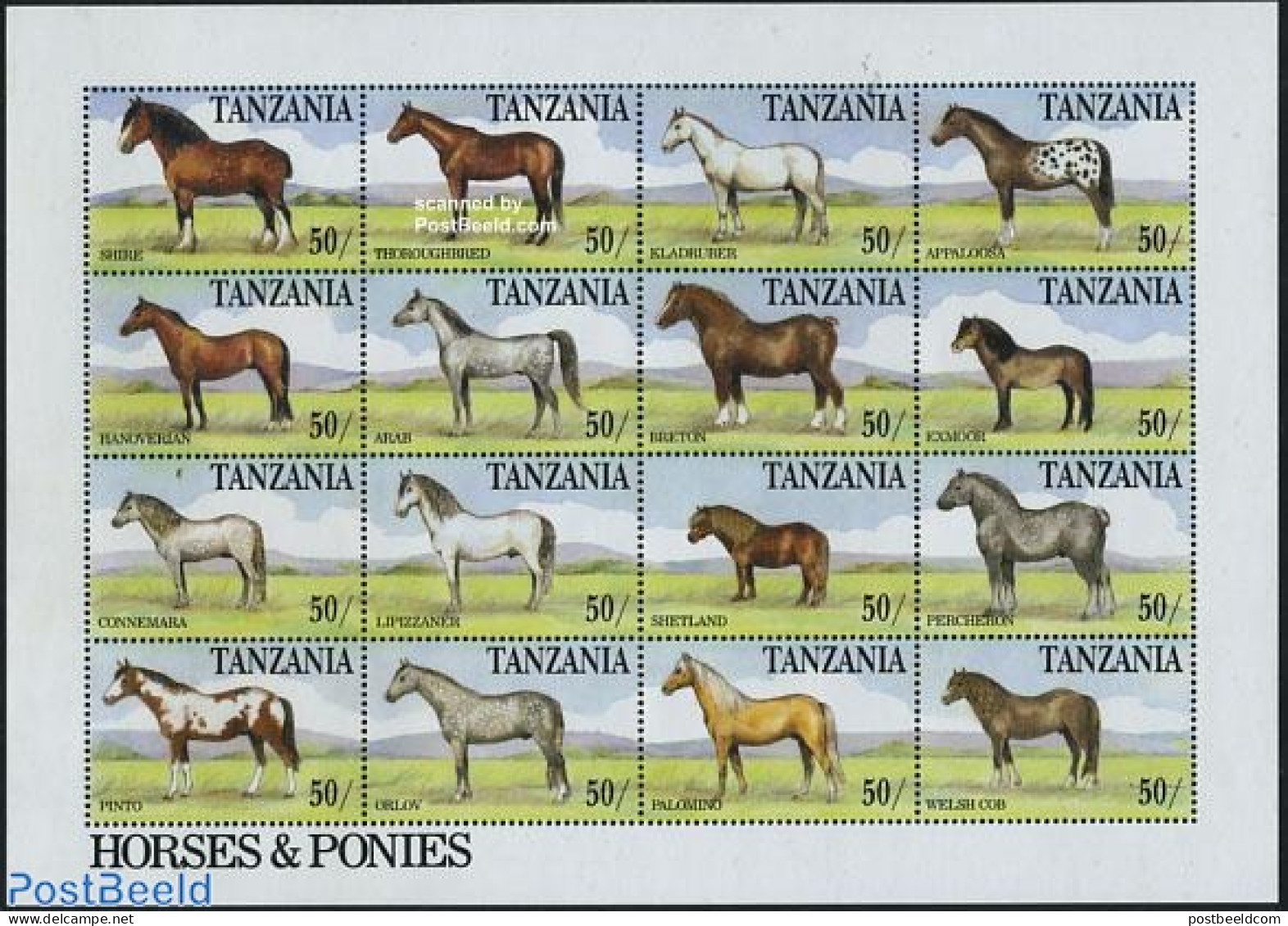 Tanzania 1991 Horses 16v M/s, Mint NH, Nature - Horses - Tansania (1964-...)