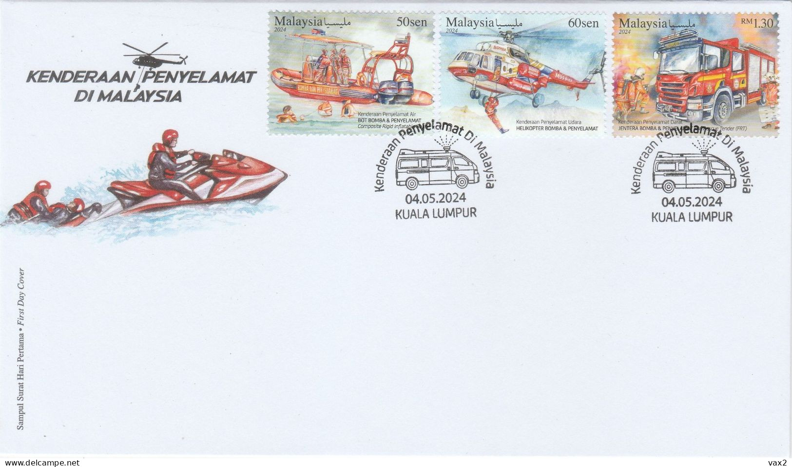 Malaysia 2024-4 Rescue Vehicle FDC Firefighting Transport Boat Helicopter Fire Engine Truck - Maleisië (1964-...)