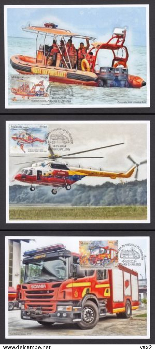 Malaysia 2024-4 Rescue Vehicle Maximum Card Maxicard Firefighting Transport Boat Helicopter Fire Engine Truck - Malasia (1964-...)
