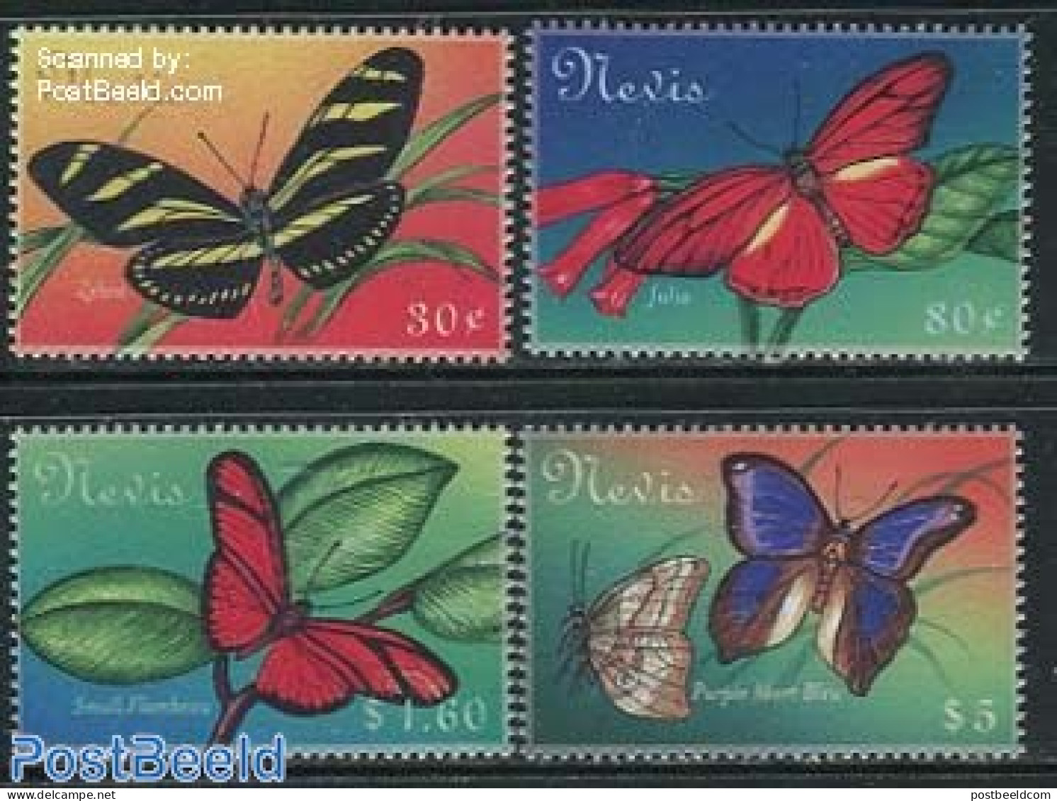Nevis 2000 Butterflies 4v, Mint NH, Nature - Butterflies - St.Kitts And Nevis ( 1983-...)