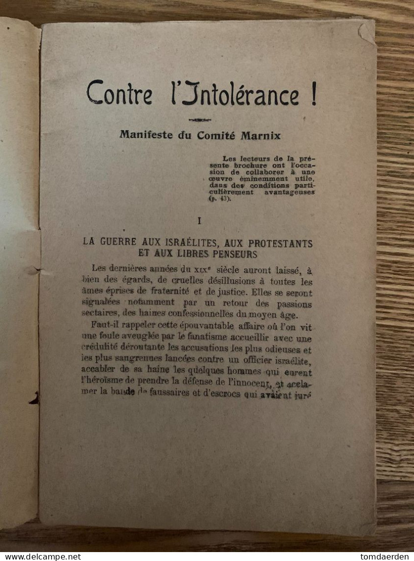 Contre L'intolerance : Manifeste Du Comite Marnix Pour La Diffusion Des Idées De Justice Et De Liberté - Socialisme BE - Historische Dokumente