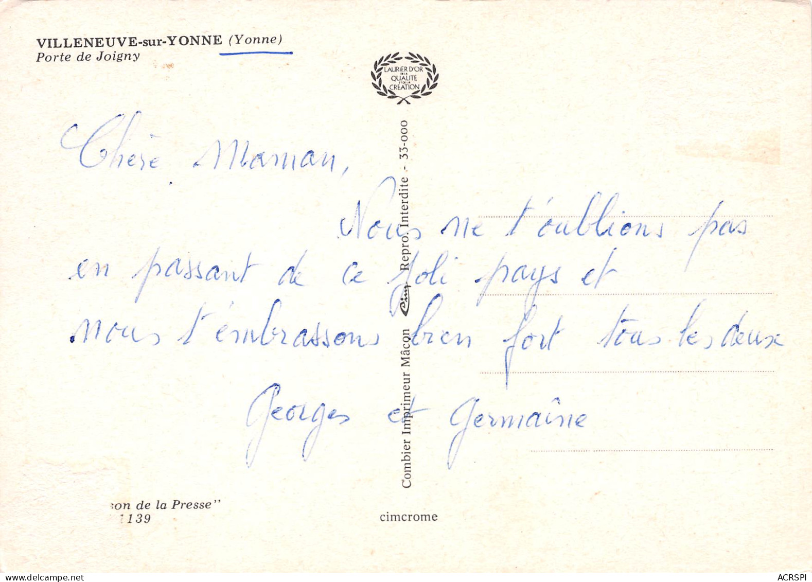 VILLENEUVE SUR YONNE  La Porte De Joigny   30 (scan Recto Verso)MG2870 - Villeneuve-sur-Yonne