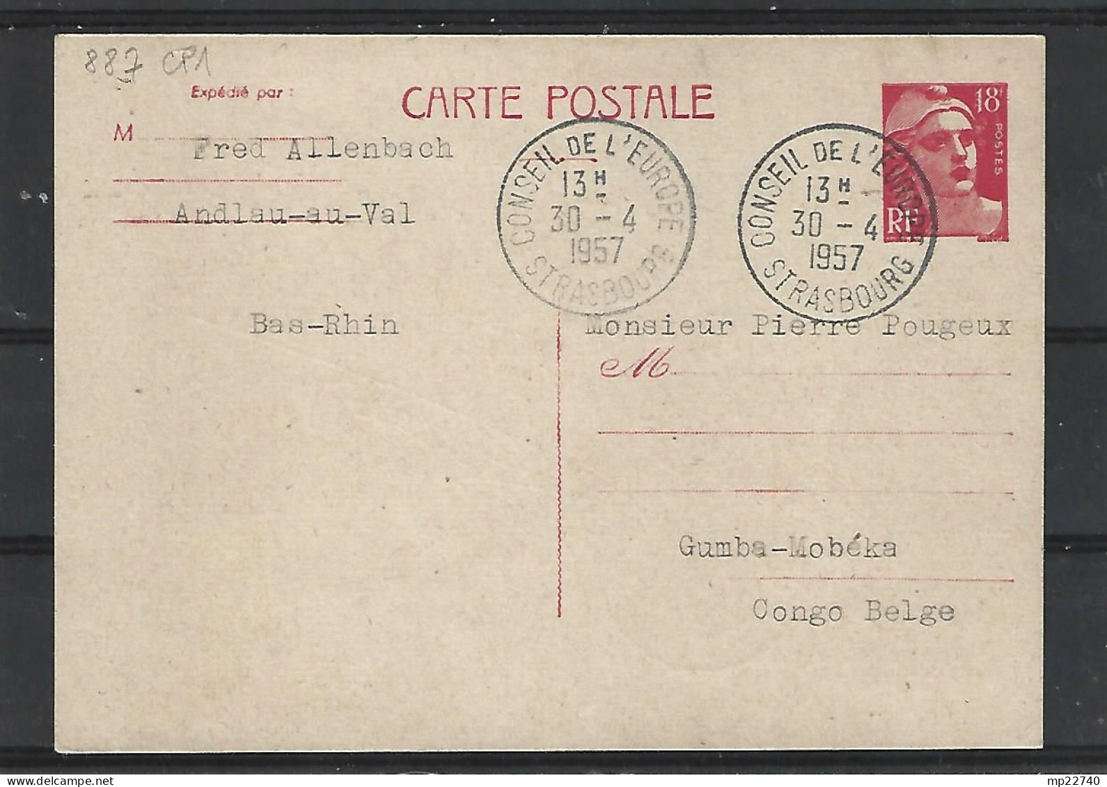 GANDON ENTIER 18FRS N° 887  OBL CONSEIL EUROPE POUR LE CONGO BELGE 1957  TTB - Cartes Postales Types Et TSC (avant 1995)