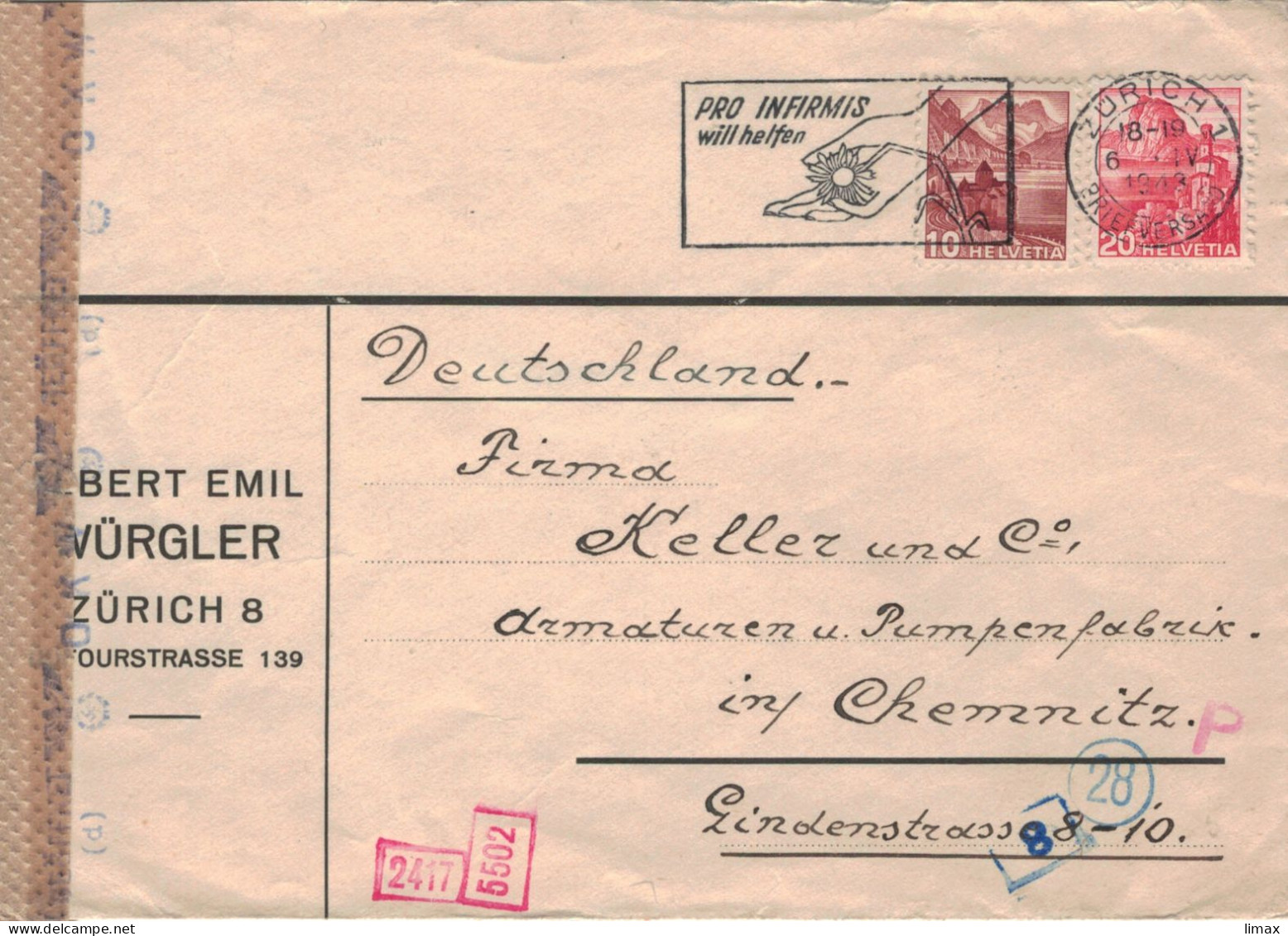 Albert Würgler  Zürich Briefversand 1943 > Keller & Co Armaturen & Pumpen - Zensur OKW - Pro Infirmis Will Helfen - Covers & Documents