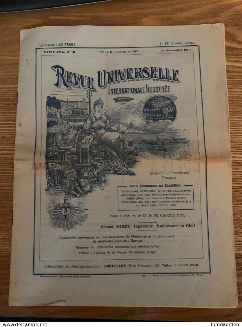 REVUE UNIVERSELLE Ernest Niset Bruxelles Brussel Nr 801 1919 - Historische Dokumente