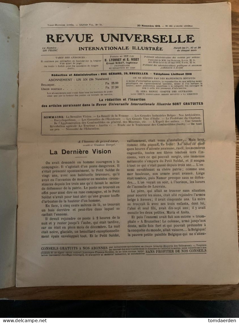 REVUE UNIVERSELLE Ernest Niset Bruxelles Brussel Nr 801 1919 - Historische Dokumente