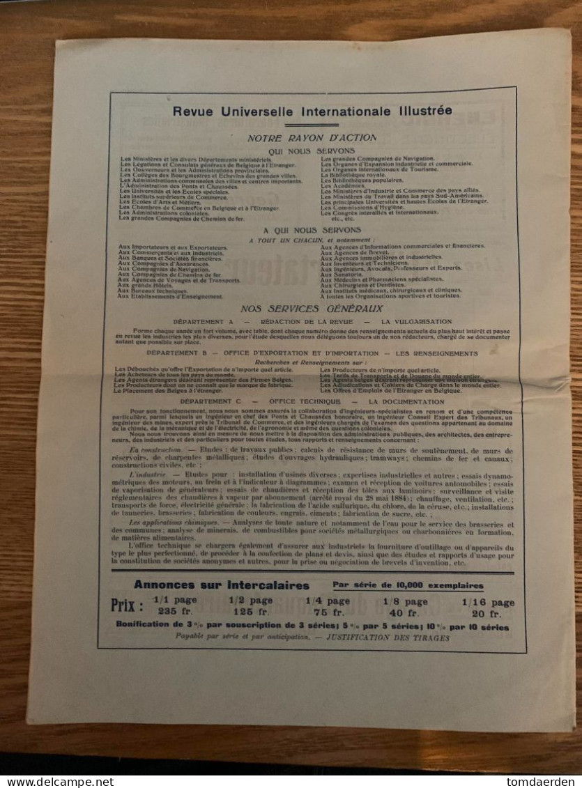 REVUE UNIVERSELLE Ernest Niset Bruxelles Brussel Nr 801 1919 - Historical Documents