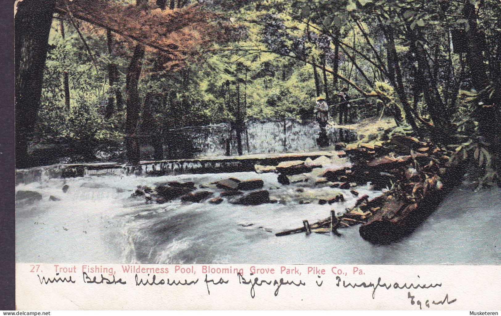 United States PPC Trout Fishing. Wilderness Pool, Blooming Grove Park, Pike Co. Pa. GLEN EYRE 1911 Denmark (2 Scans) - Autres & Non Classés