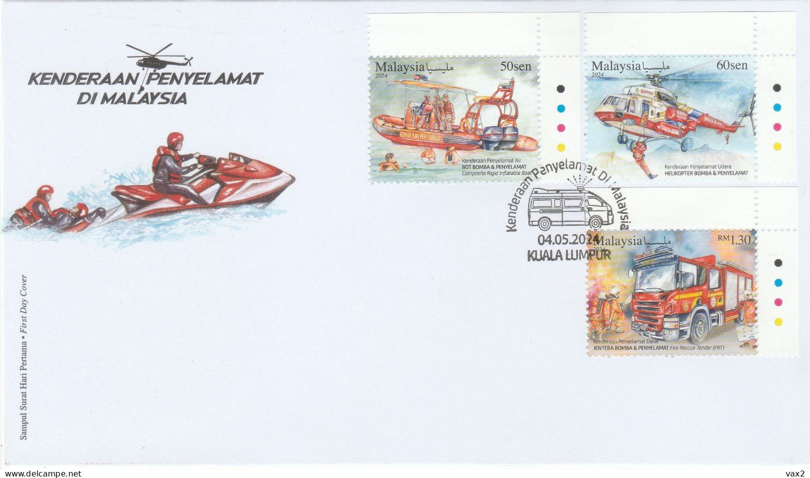 Malaysia 2024-4 Rescue Vehicle FDC (color) Firefighting Transport Boat Helicopter Fire Engine Truck - Malasia (1964-...)