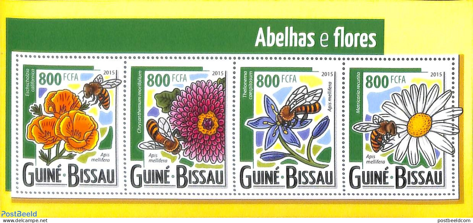 Guinea Bissau 2015 Bees And Flowers 4v M/s, Mint NH, Nature - Bees - Flowers & Plants - Insects - Guinea-Bissau