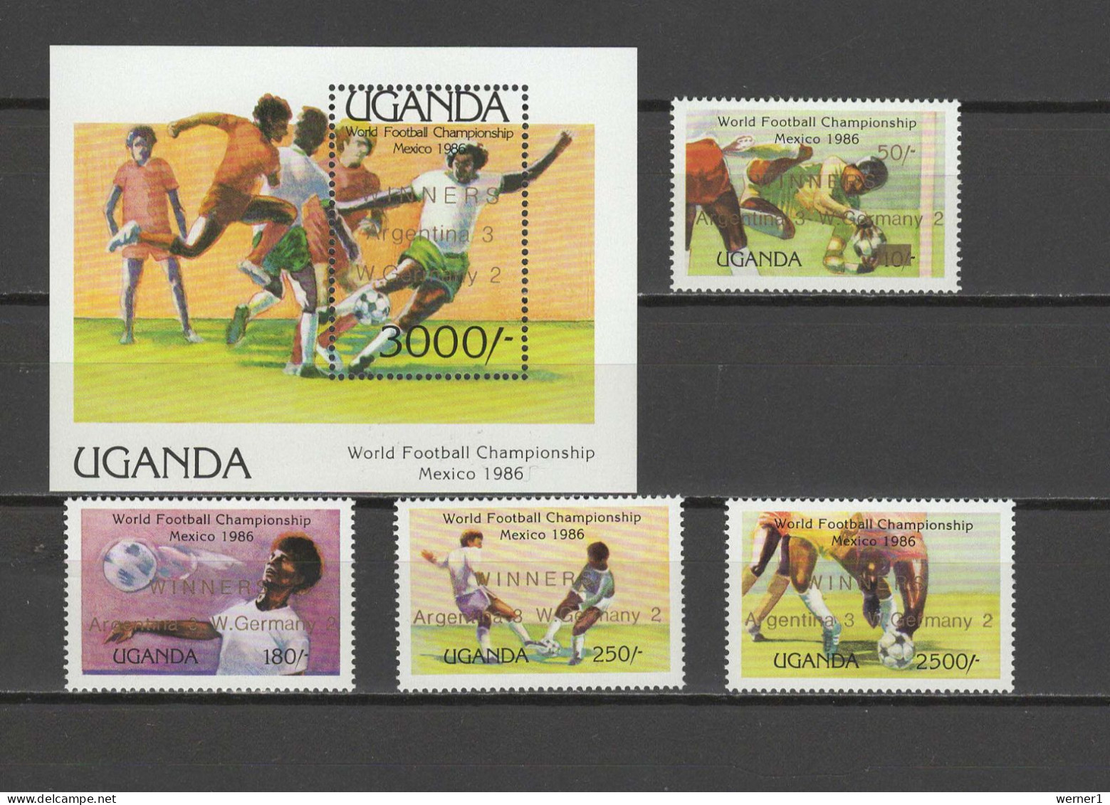 Uganda 1986 Football Soccer World Cup Set Of 4 + S/s With Winners Overprint MNH - 1986 – Mexiko