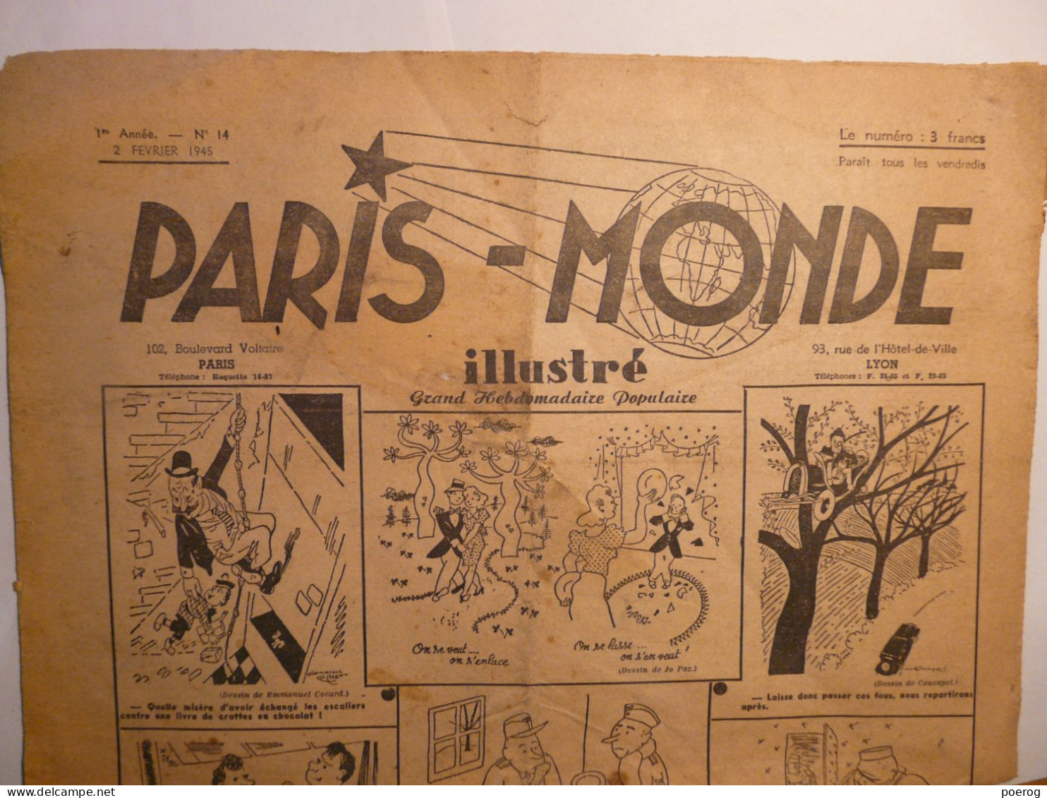 PARIS MONDE N°14 - 2 FEVRIER 1945 RENE BRAGARD EMMANUEL COCARD JO PAX COUESPEL ROGER SAM GAD PELLOS MORIER CHARRIN NARET - 1900 - 1949