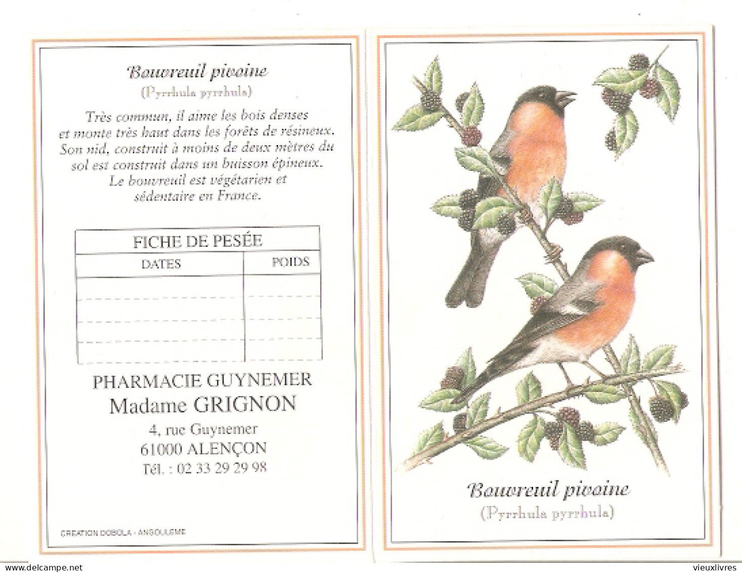 Calendrier De Poche Bouvreuil Pivoine Orne Alençon Pharmacie 2000 - Small : 1991-00