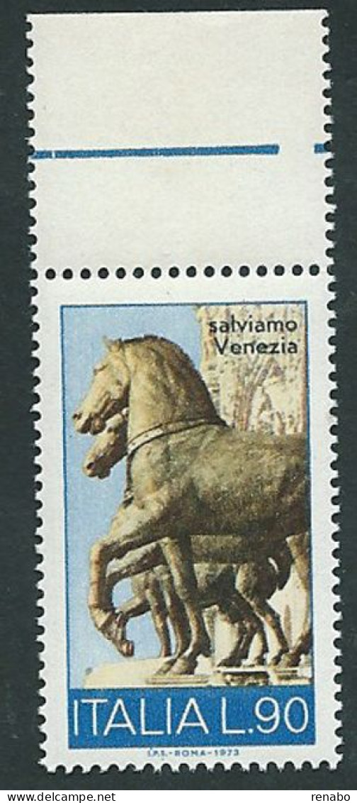 Italia 1973 ; Salviamo Venezia : Cavalli Di Bronzo. Francobollo Di Bordo Superiore. - 1971-80: Nieuw/plakker