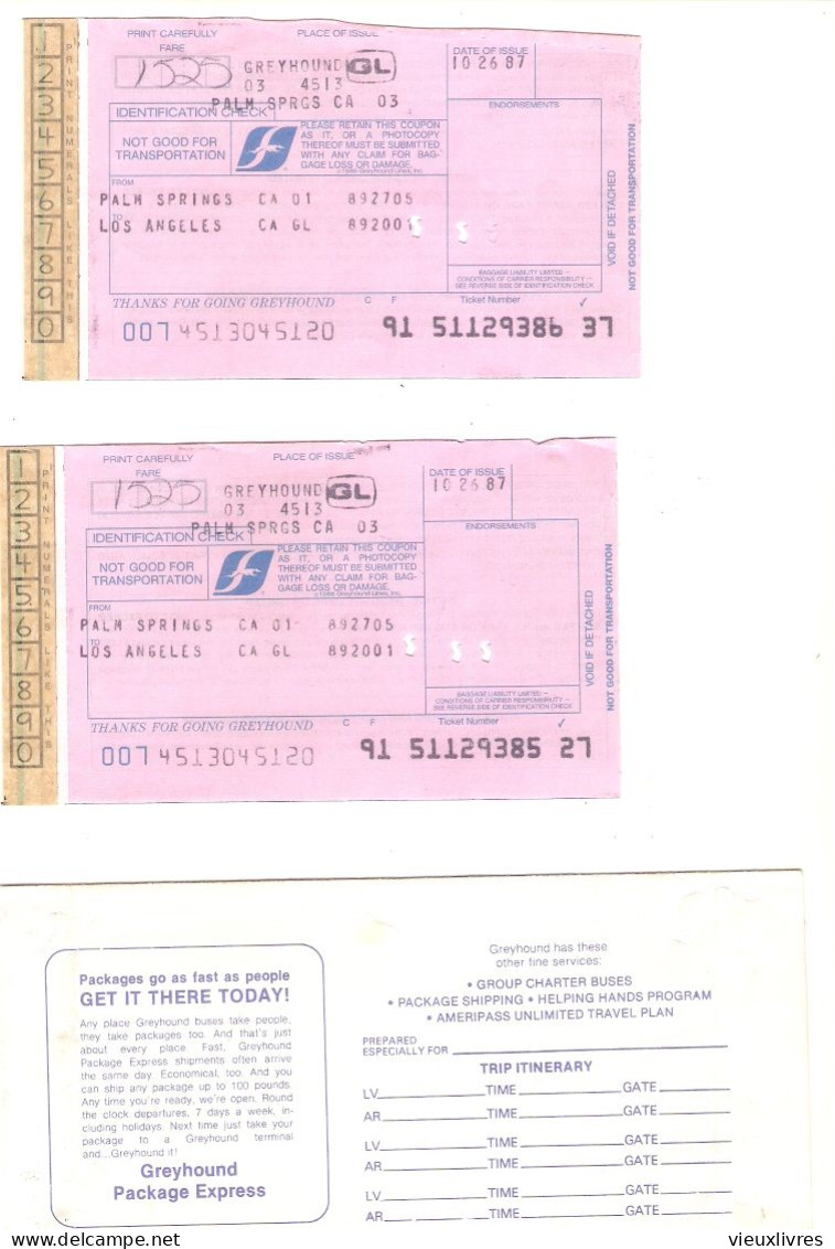Palm Springs Los Angeles Greyhound California 1987 Ticket De Car Aux Etats Unis - World