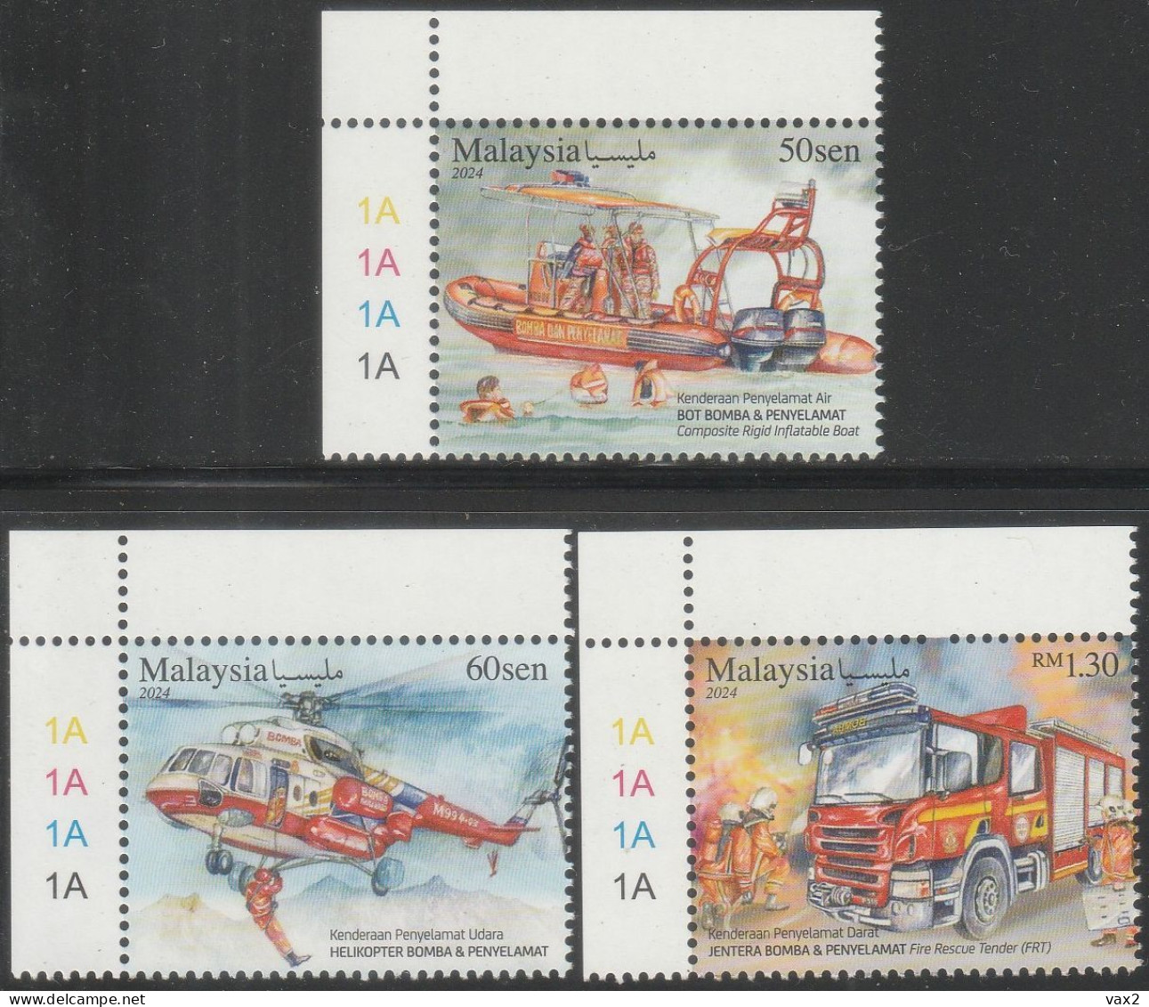 Malaysia 2024-4 Rescue Vehicle MNH (plate) Firefighting Transport Boat Helicopter Fire Engine Truck - Malesia (1964-...)