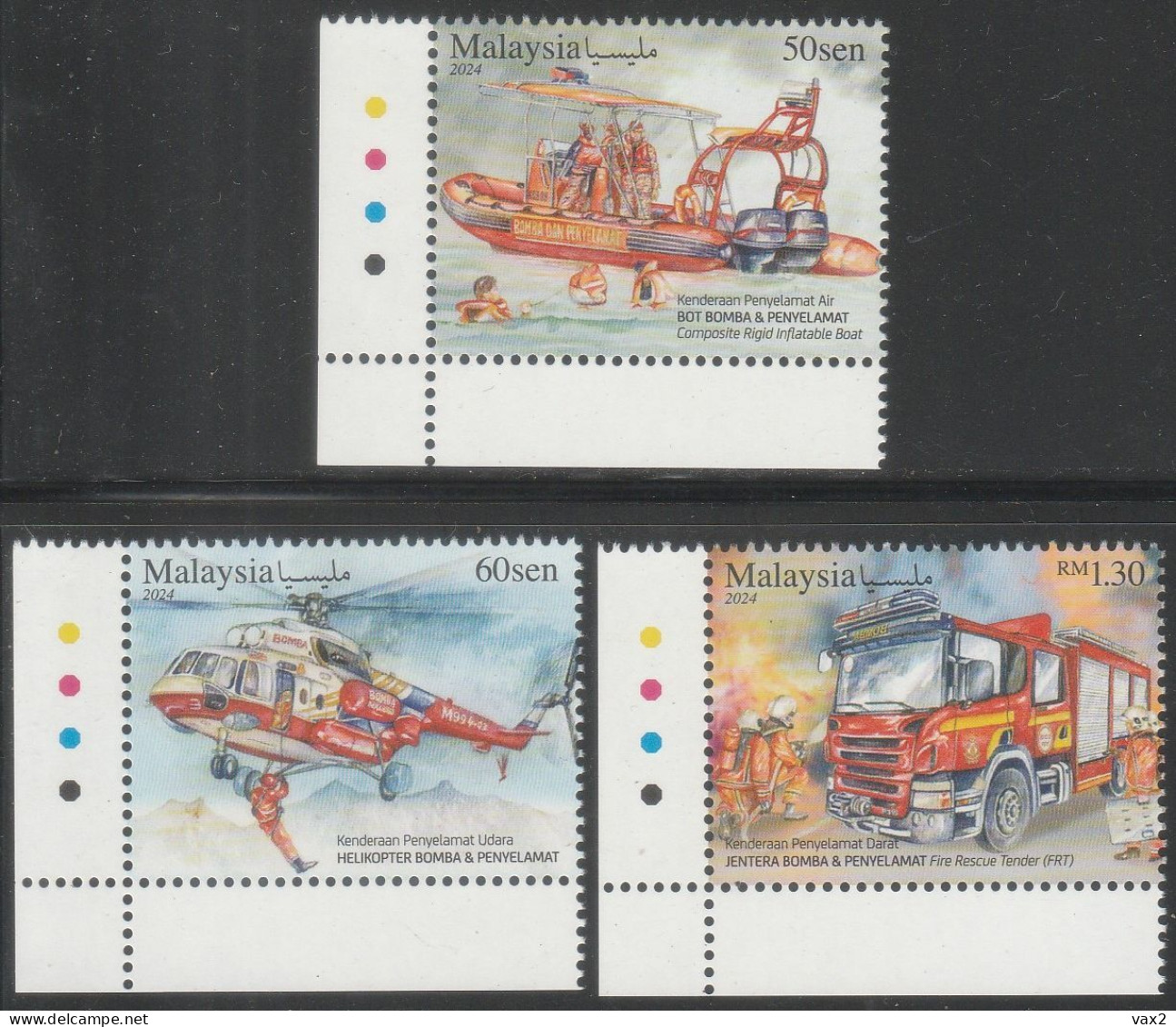 Malaysia 2024-4 Rescue Vehicle MNH (color) Firefighting Transport Boat Helicopter Fire Engine Truck - Maleisië (1964-...)