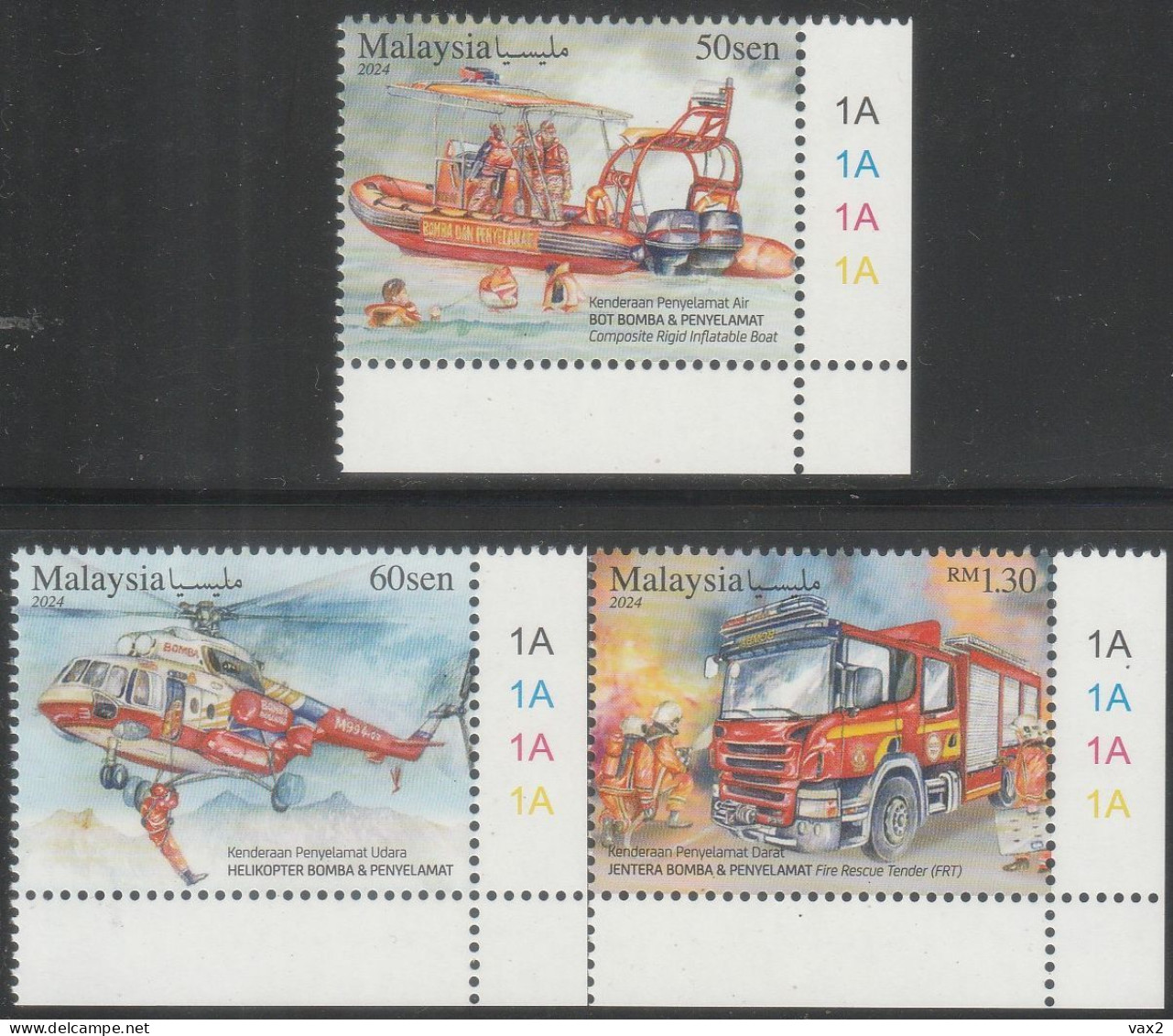 Malaysia 2024-4 Rescue Vehicle MNH (plate) Firefighting Transport Boat Helicopter Fire Engine Truck - Malesia (1964-...)