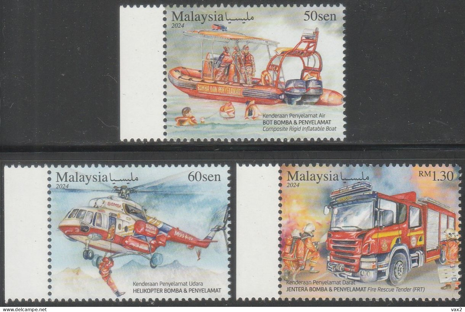Malaysia 2024-4 Rescue Vehicle MNH (margin) Firefighting Transport Boat Helicopter Fire Engine Truck - Malasia (1964-...)