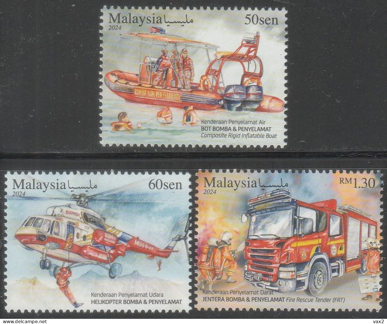 Malaysia 2024-4 Rescue Vehicle MNH Firefighting Transport Boat Helicopter Fire Engine Truck - Maleisië (1964-...)