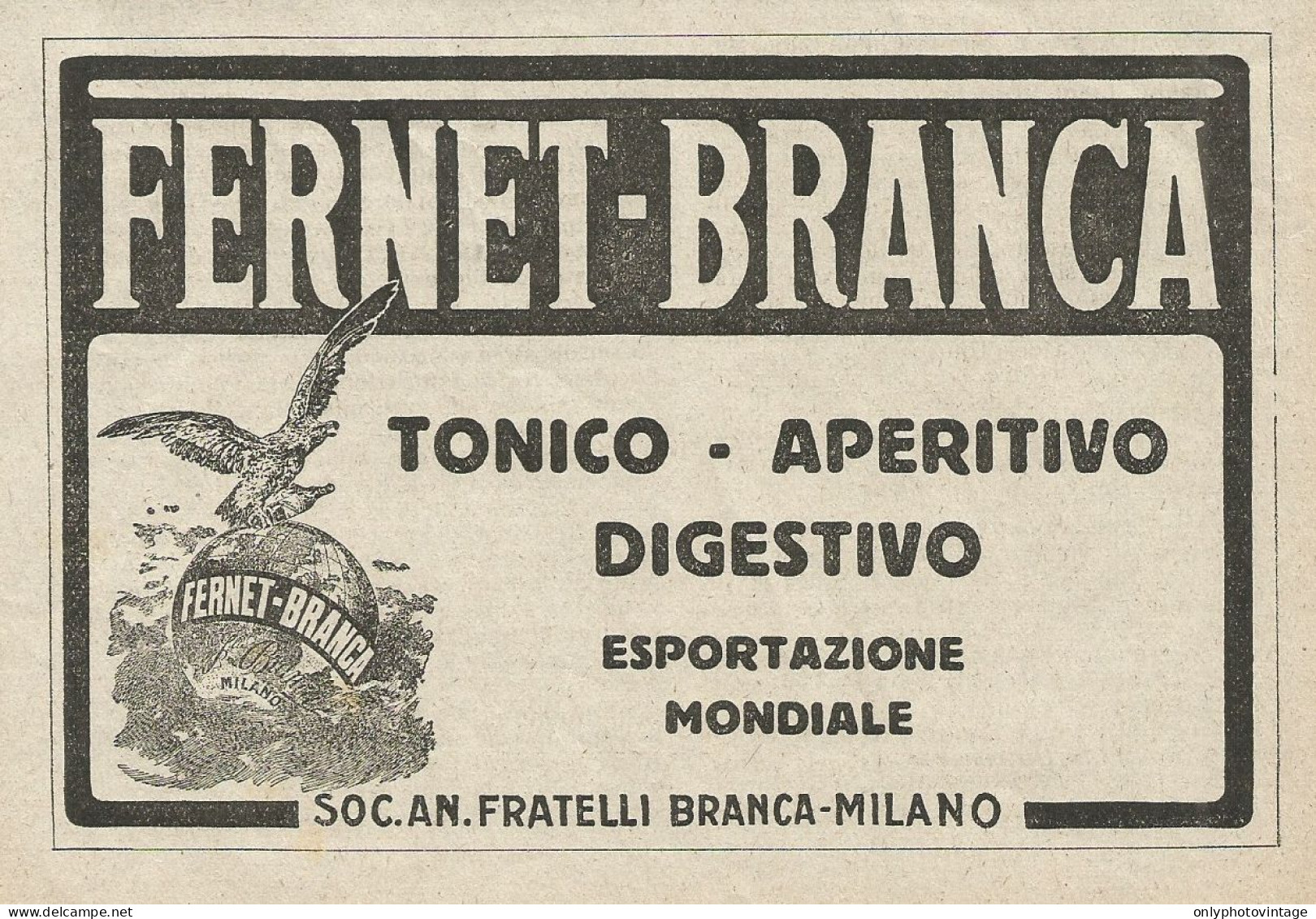 Aperitivo Digestivo FERNET BRANCA - Pubblicità 1929 - Advertising - Advertising