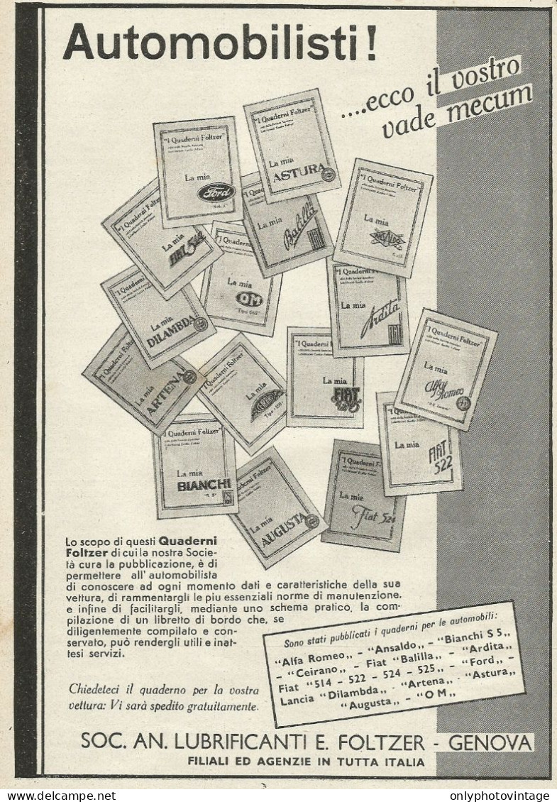 Vademecum Lubrificanti FOLTZER - Genova - Pubblicità 1934 - Advertising - Publicités