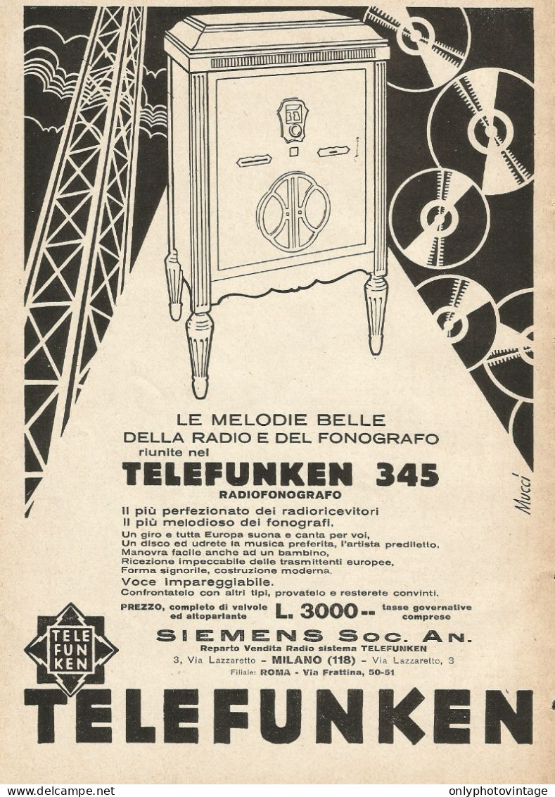 Radiofonografo Telefunken 345 - Siemens Soc. An. - Pubblicità 1932 - Adv. - Publicités