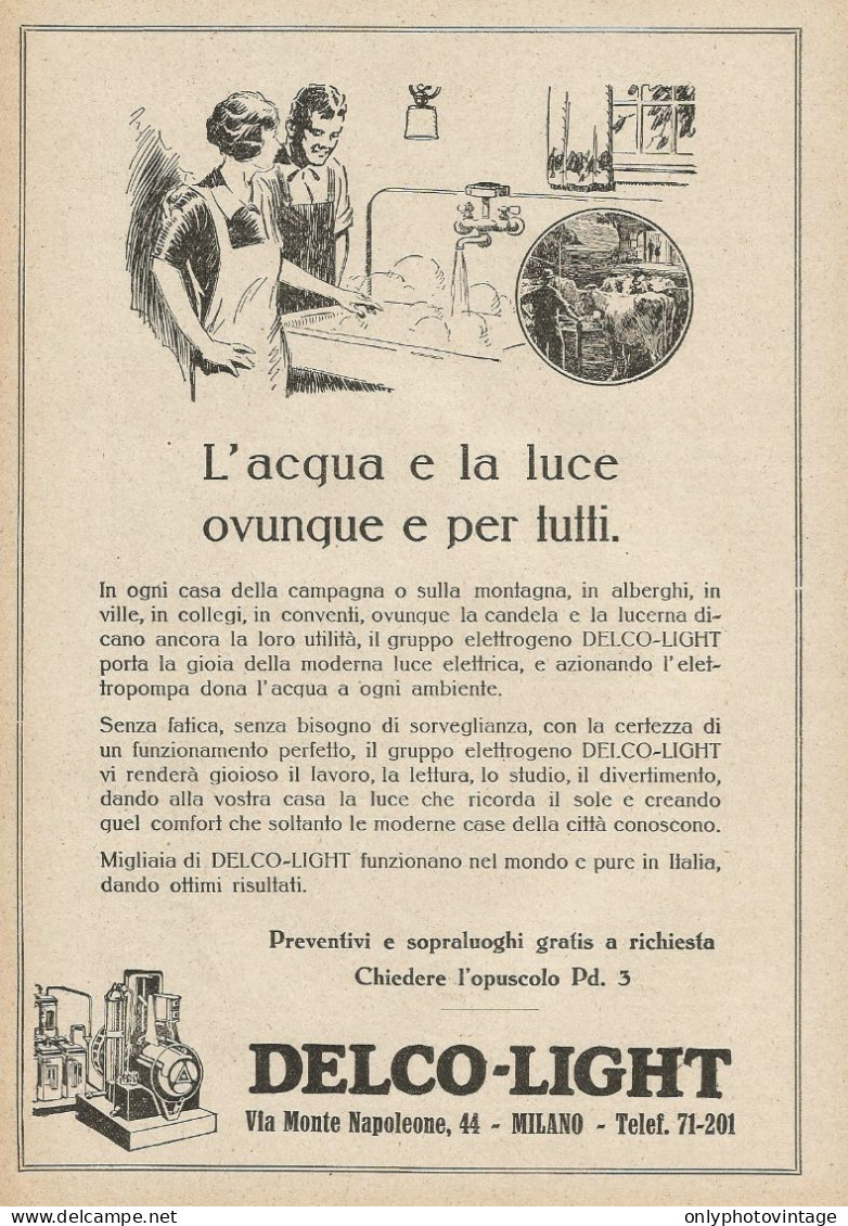 Gruppo Elettrogeno Delco-Light - Pubblicità 1927 - Advertising - Publicités