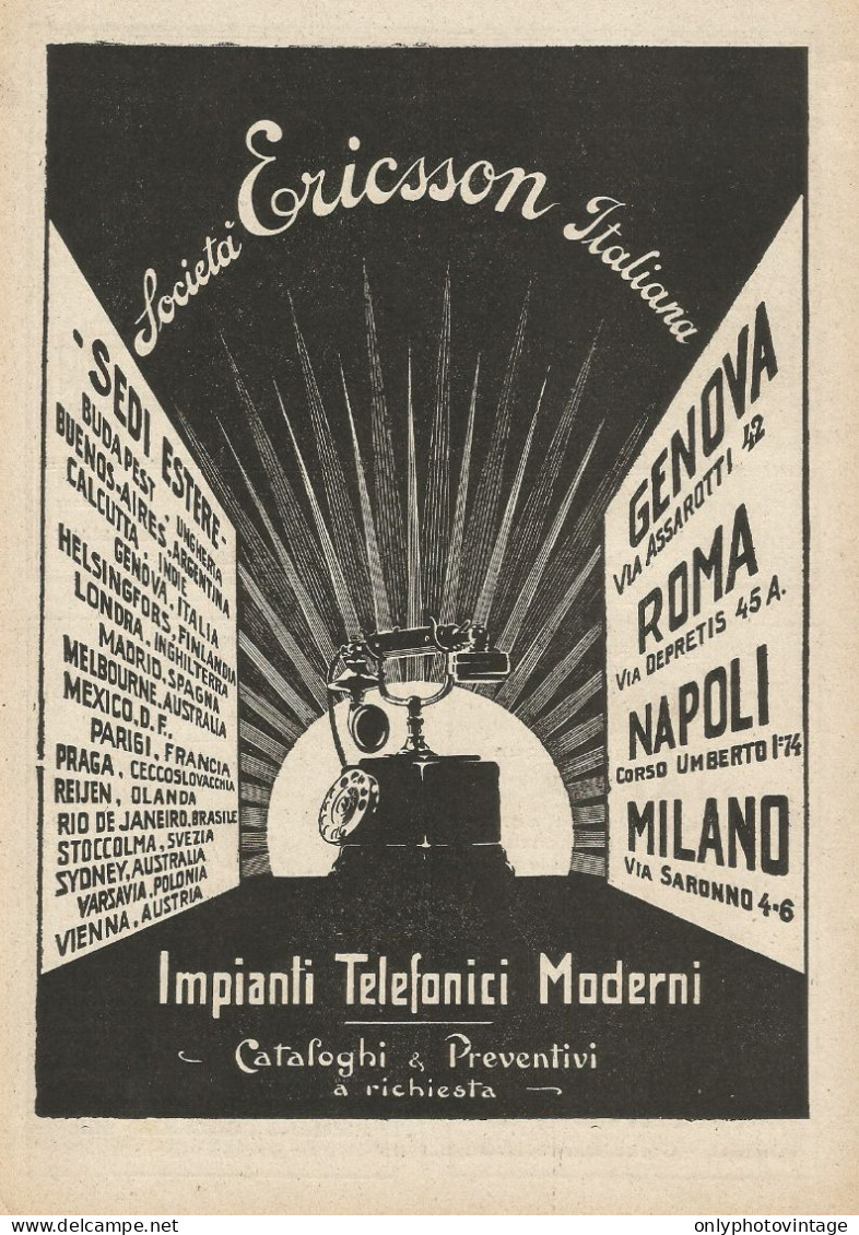 Soc. Ericsson Italiana - Impianti Telefonici - Pubblicità 1927 - Advertis. - Publicités