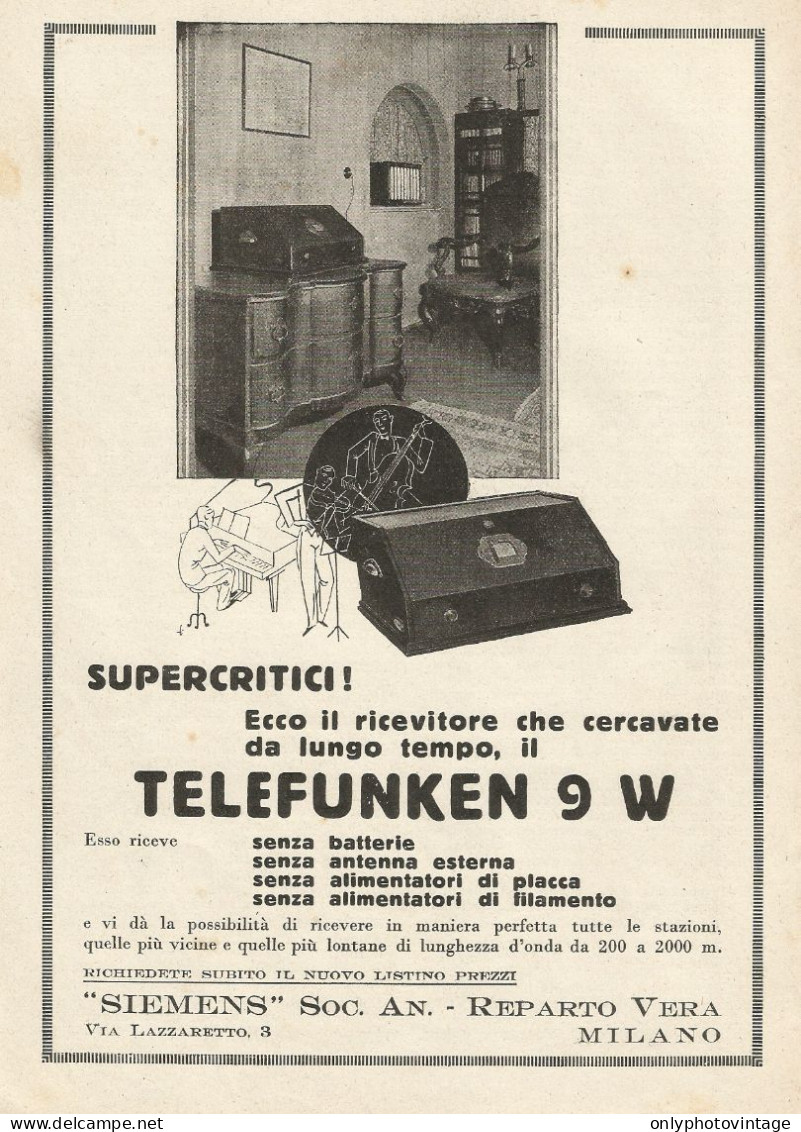 Ricevitore Telefunken 9 W - Siemens - Pubblicità 1929 - Advertising - Advertising