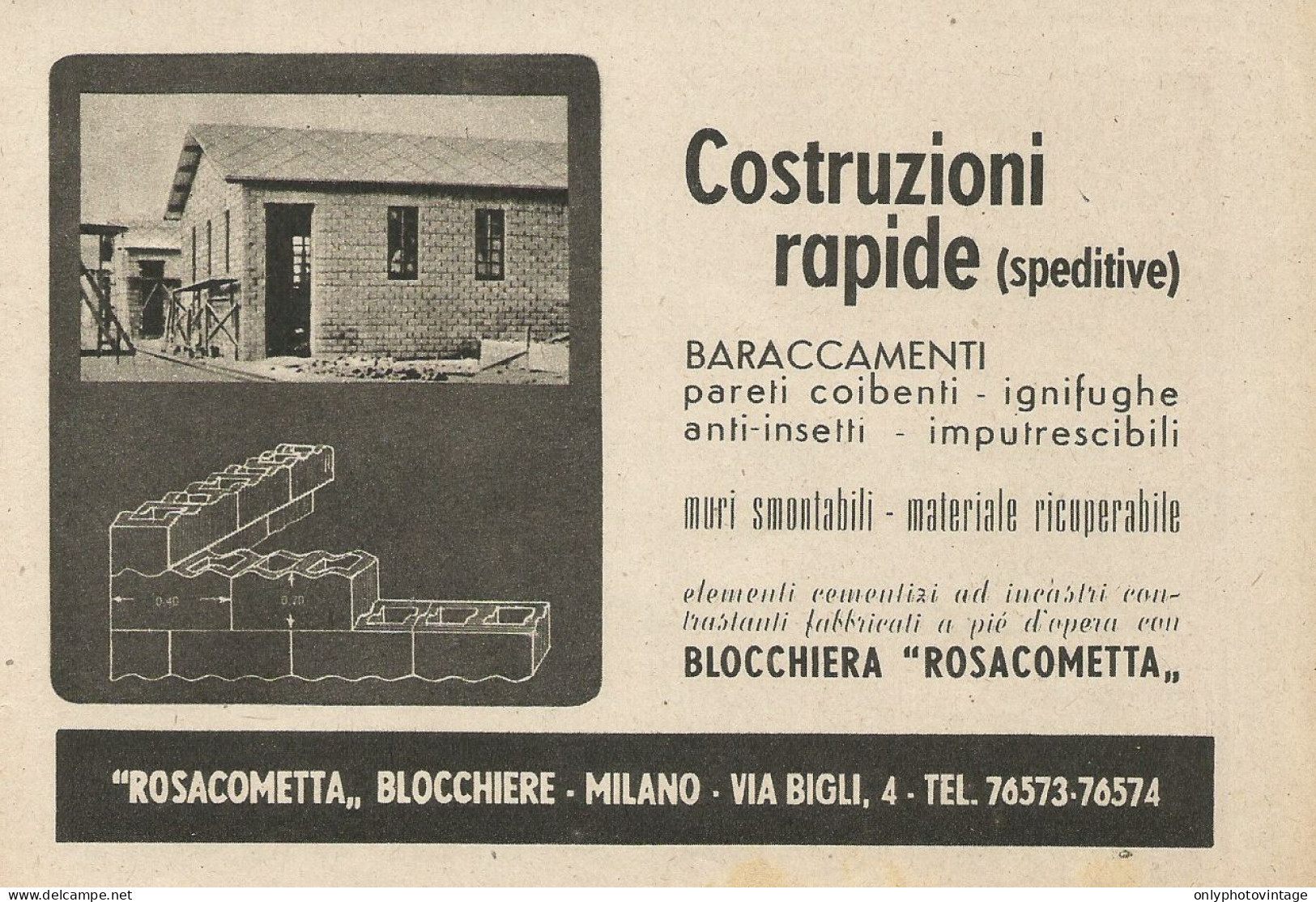 Blocchiera Rosacometta Milano - Baraccamenti - Pubblicità 1943 - Advertis. - Publicités