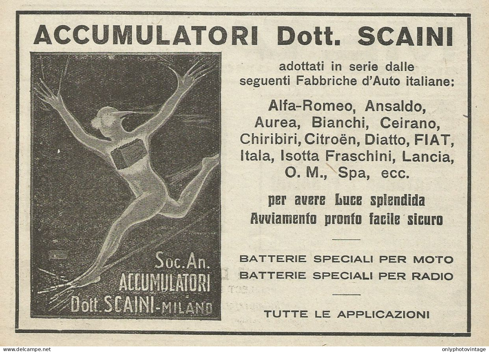 Accumulatori Per Auto SCAINI - Pubblicità 1927 - Advertising - Advertising